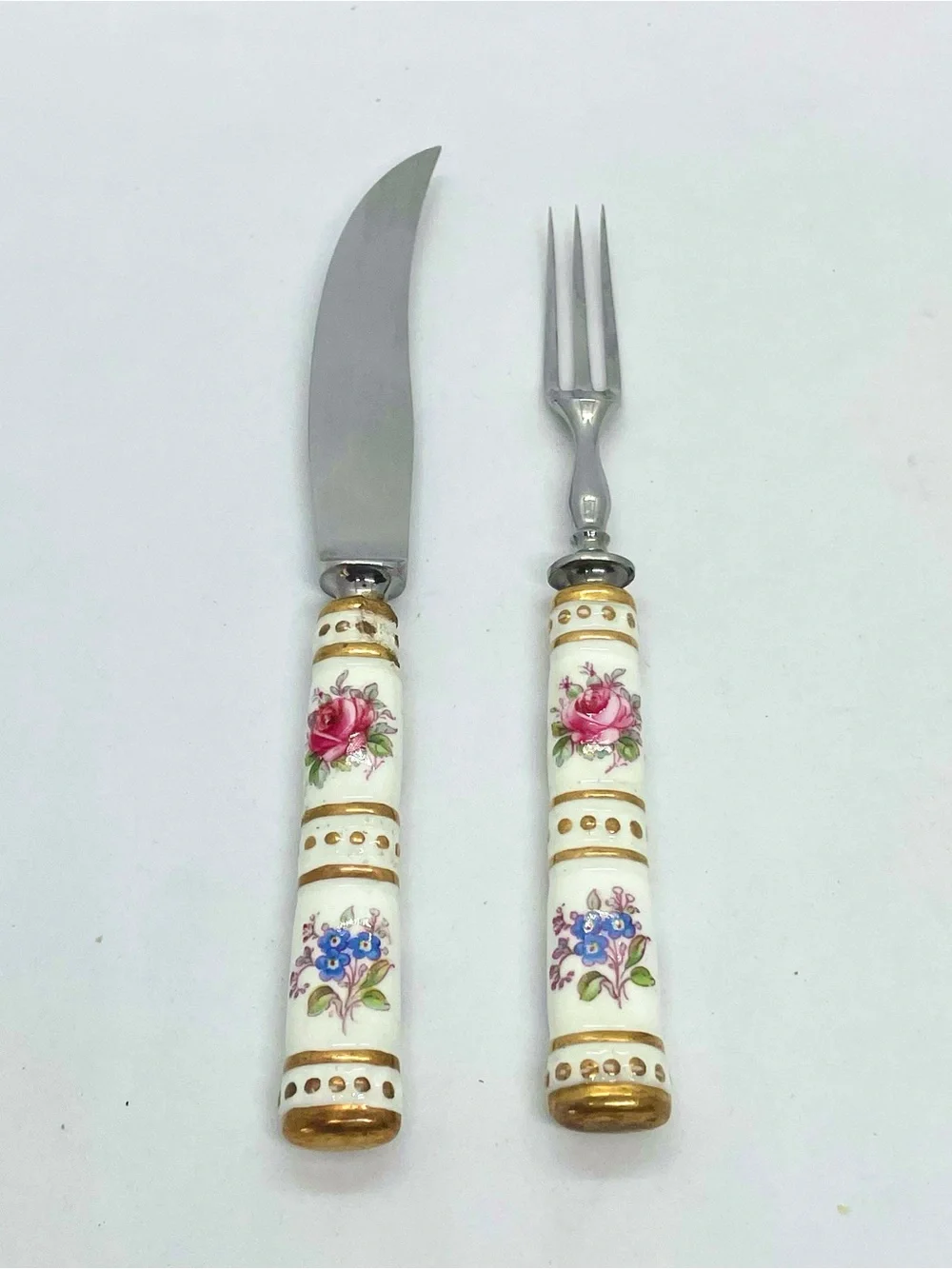 ⁠Royal Crown Derby Posies Fruit Knife Fork Set Gold Accents Porcelain Handle VTG